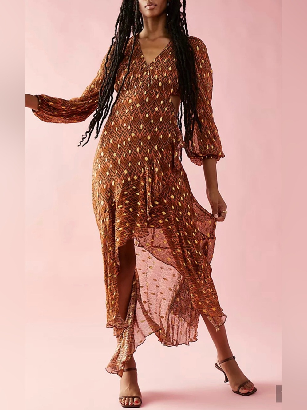 NEW OLLARI ELENA MIDI LACE UP BACK CHEVRON DRESS FREE PEOPLE SIZE XS
